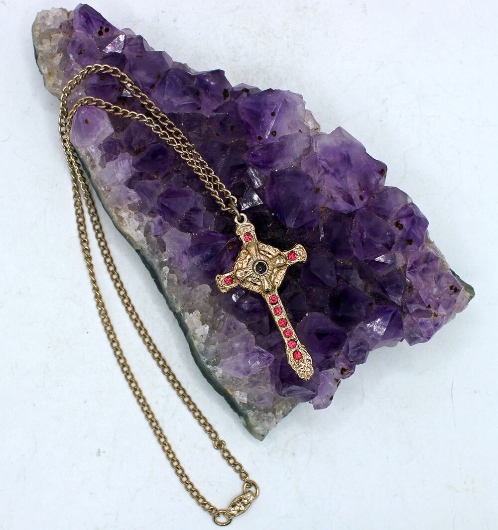 Vintage Gold Tone Pink Rhinestone Stanhope Lens Lord's Prayer Cross Necklace